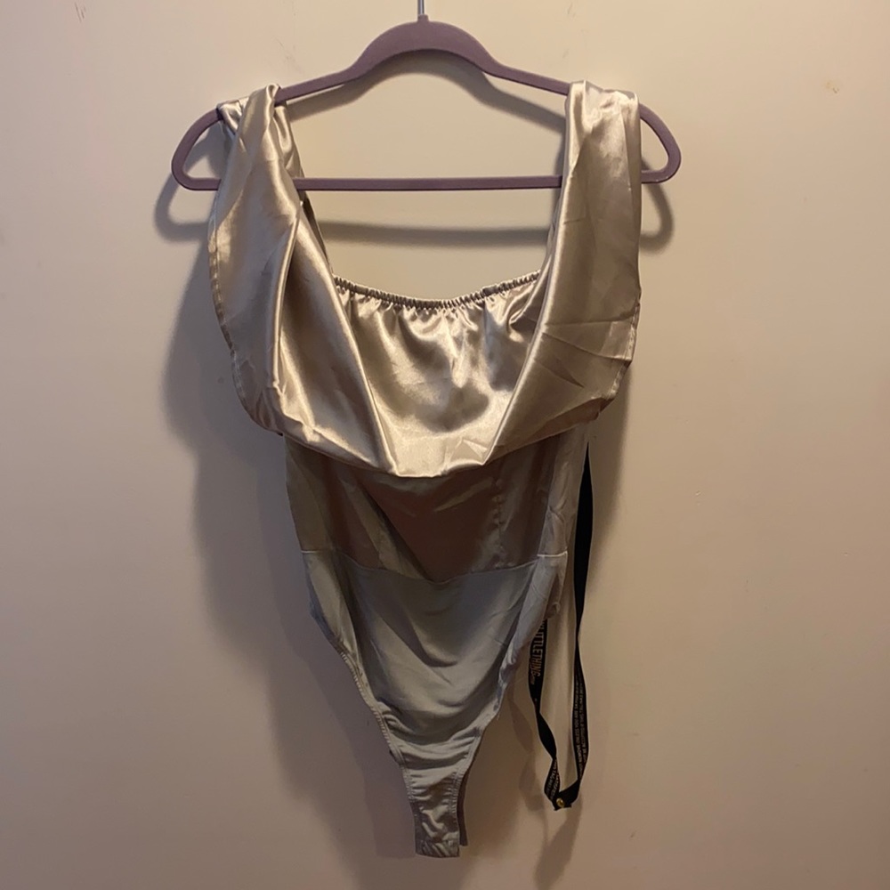 PRETTY LITTLE THING Grey Satin Bardot Bodysuit